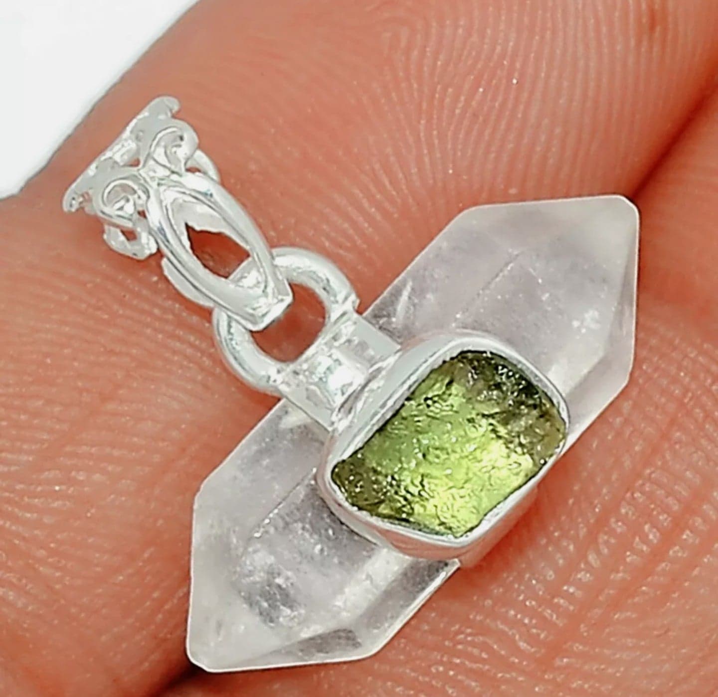 Moldavite (Czech) & Herkimer Diamond 925 Pendant