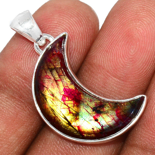 Red Flash Labradorite Crescent Pendant 925