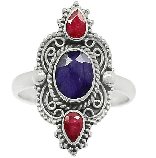 Rough Cut Sapphire (India) & Ruby 925 Sterling Ring S9