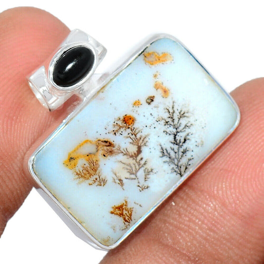 Famous Shazar Stone (Dendritic Agate) w/ Black Onyx 925 Sterling Pendant